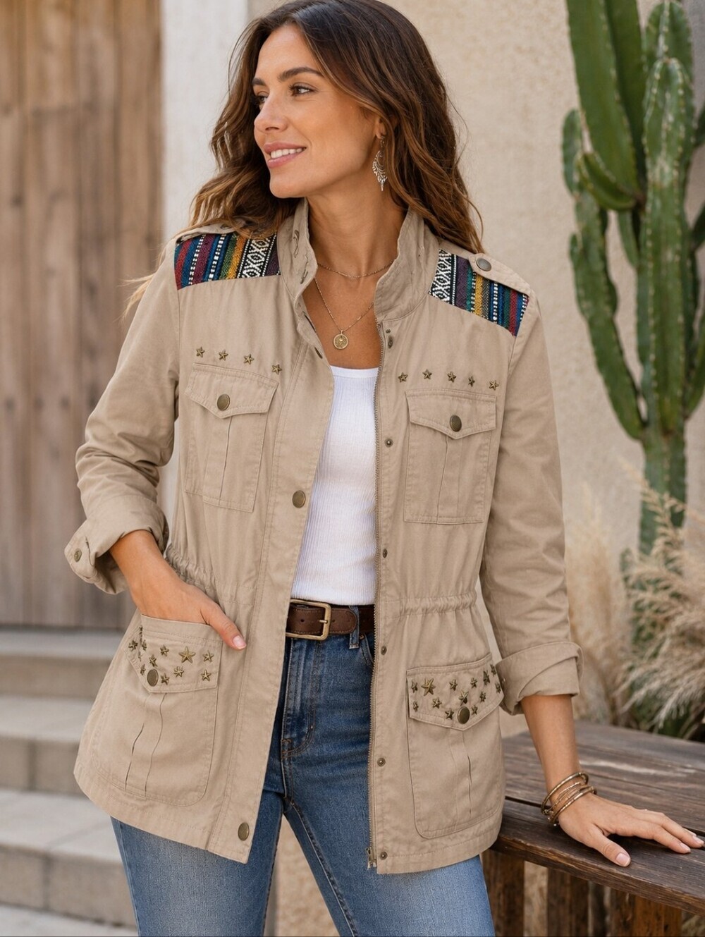 Boho Southwestern Utility Jacket Medium Woven Panel Star Studs